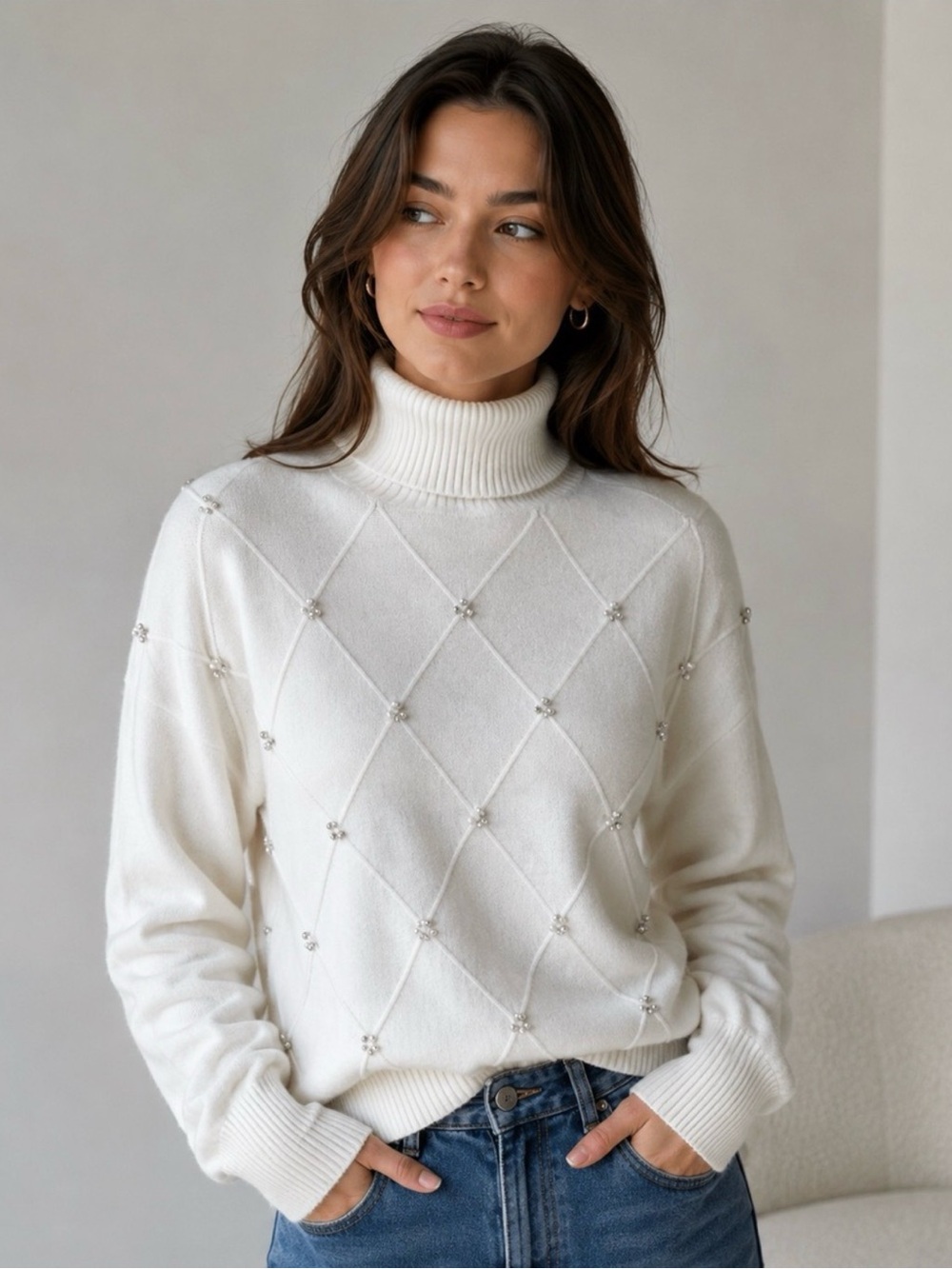 Women's Cream Turtleneck Sweater with Bead-Embellished Diamond Knit - Picture 8 of 8